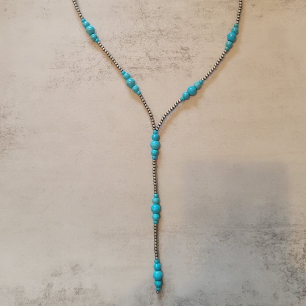 Silver Navajo Pearl and Blue Y Shape Necklace